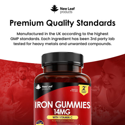 Iron Gummies 14mg - 120 Iron Supplements Enriched Vitamin C + Real Fruit Juice