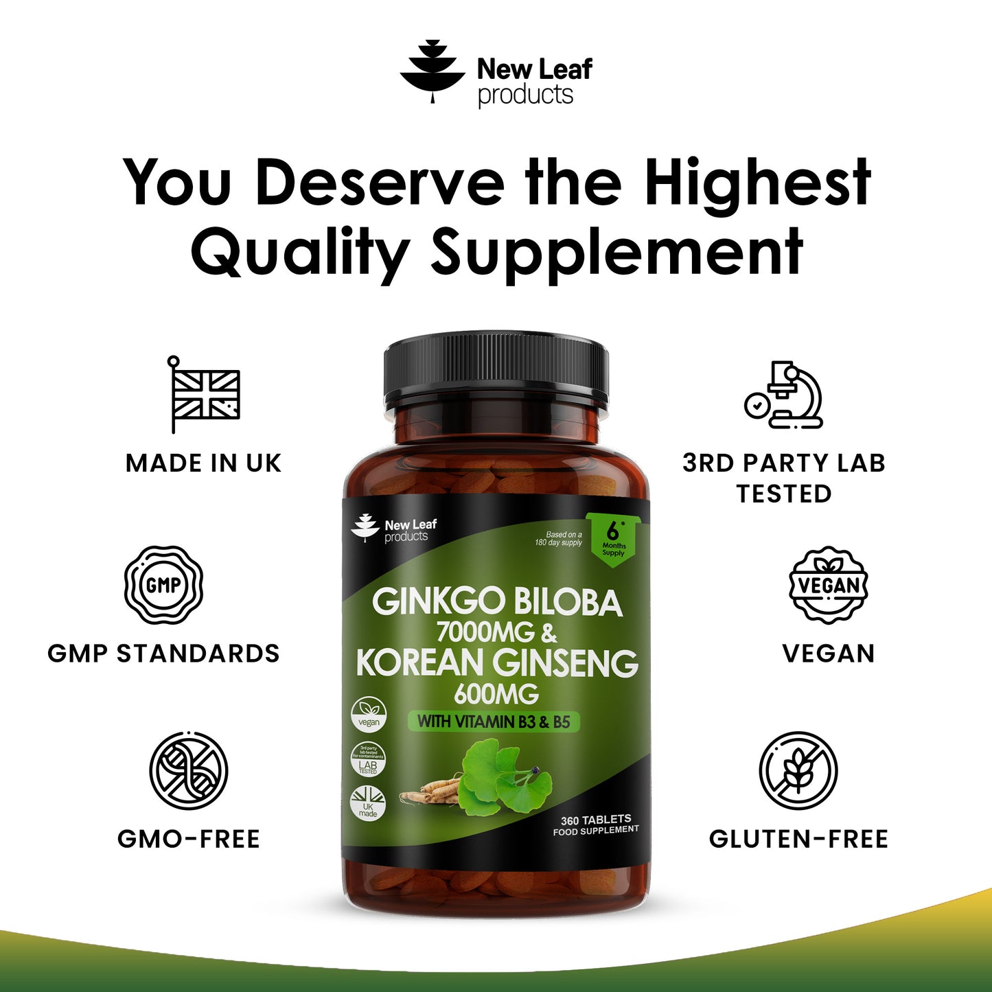 Ginkgo Biloba & Korean Ginseng + Vitamin B3 & B5 | 360 Tablets