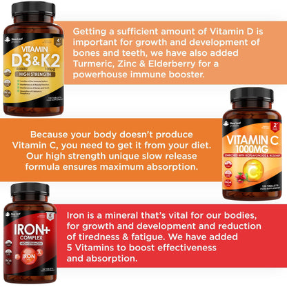 Immune Health Daily Bundle - Vitamin D3 & K2,Iron Complex, Vitamin C