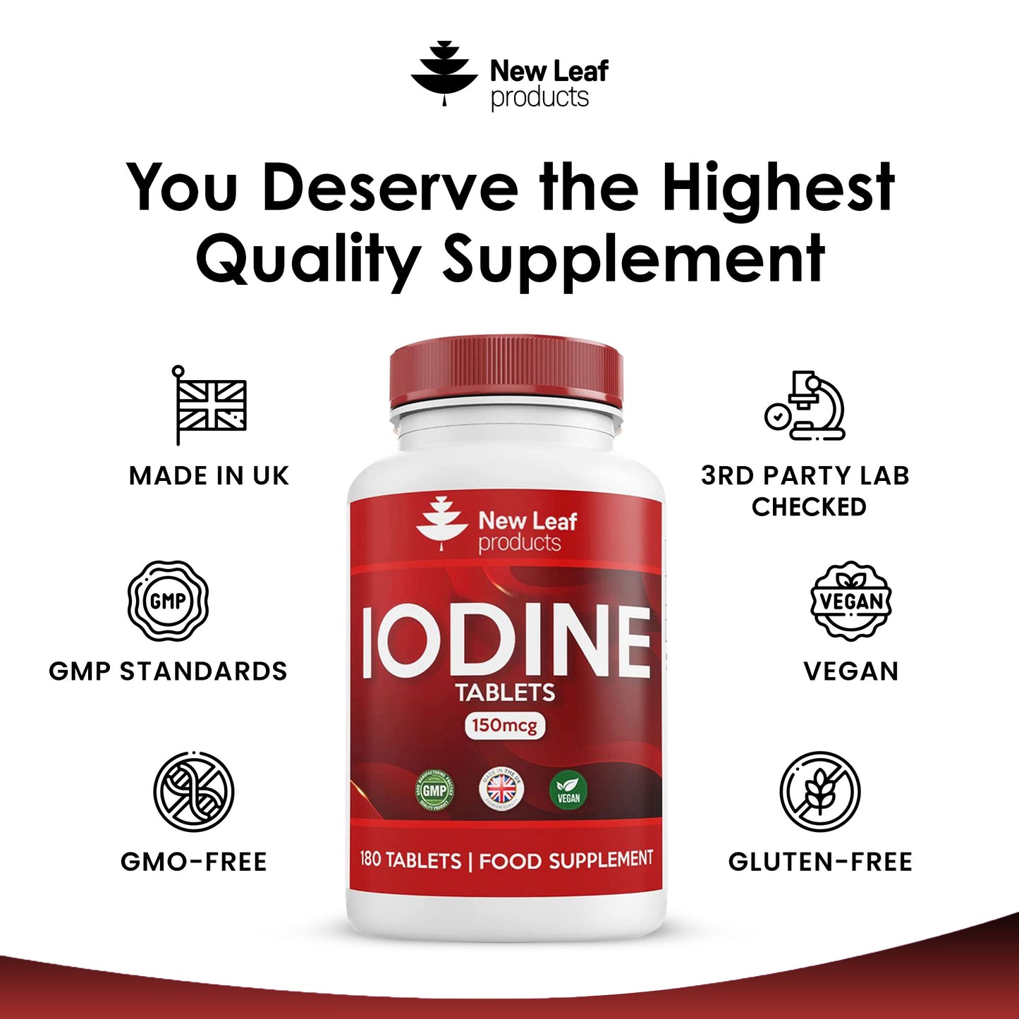 Iodine Tablets 150mcg Supplement (6 Months Supply) Vegan Thyroid Support & More