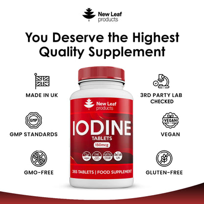 Iodine Tablets 150mcg Supplement (12 Months Supply) Vegan Thyroid Support & More