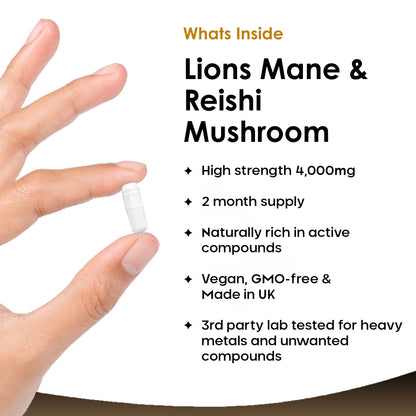 Lions Mane & Reishi Mushroom Capsules - 120 High Strength 4000mg Vegan Capsules