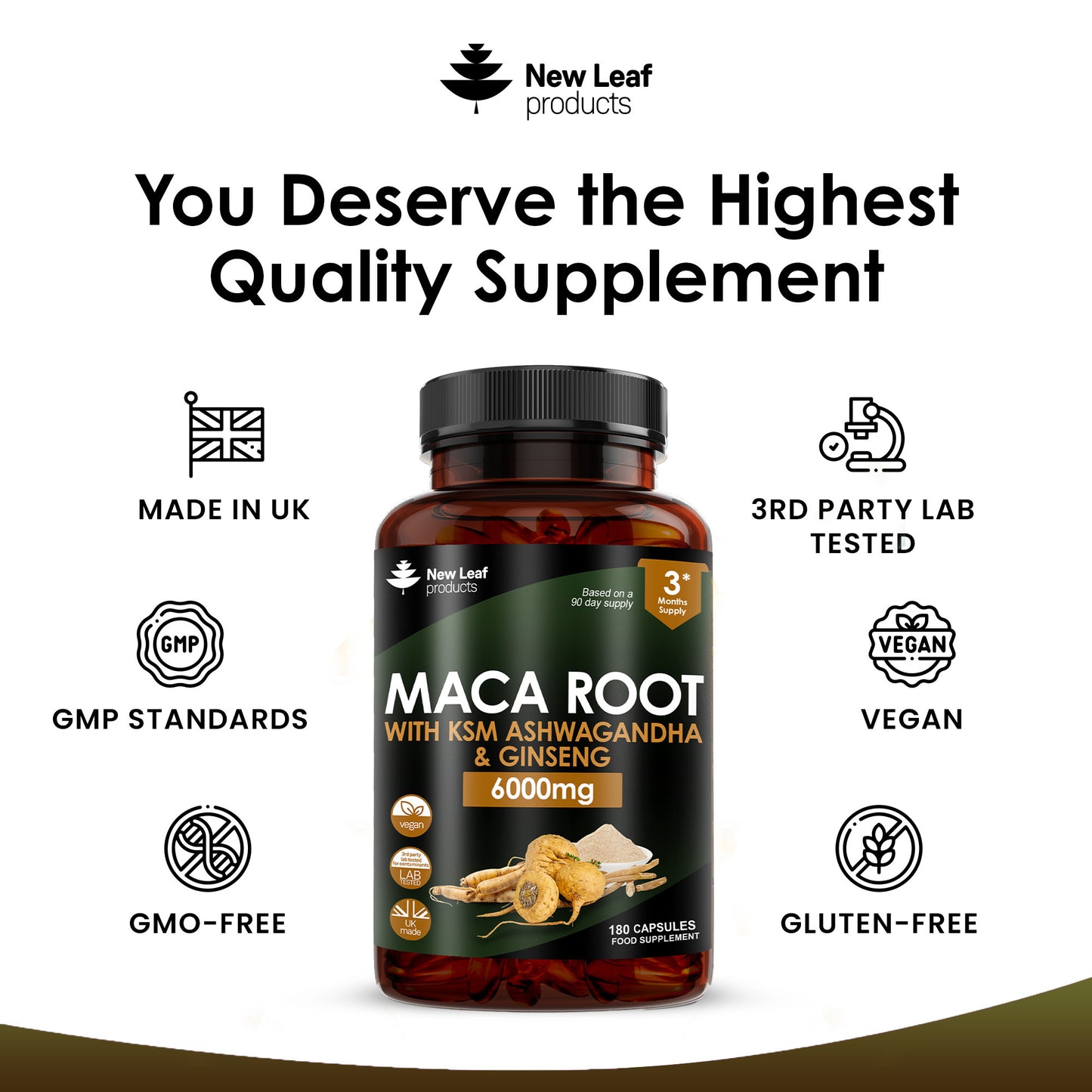 Maca Root Capsules With KSM Ashwagandha, Ginseng & Black Pepper - 180 High Strength 6000mg Capsules