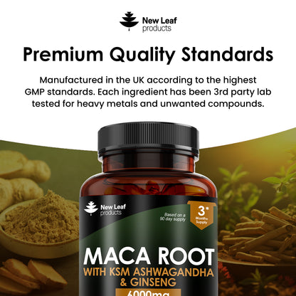 Maca Root Capsules With KSM Ashwagandha, Ginseng & Black Pepper - 180 High Strength 6000mg Capsules