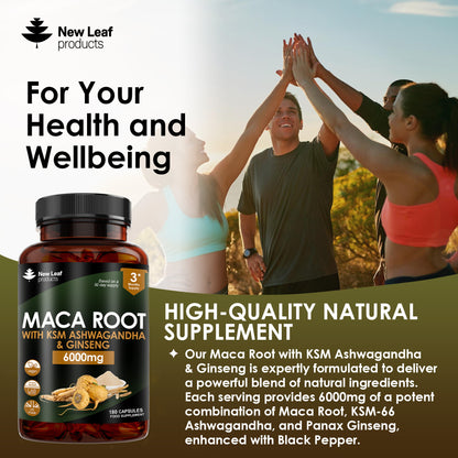 Maca Root Capsules With KSM Ashwagandha, Ginseng & Black Pepper - 180 High Strength 6000mg Capsules