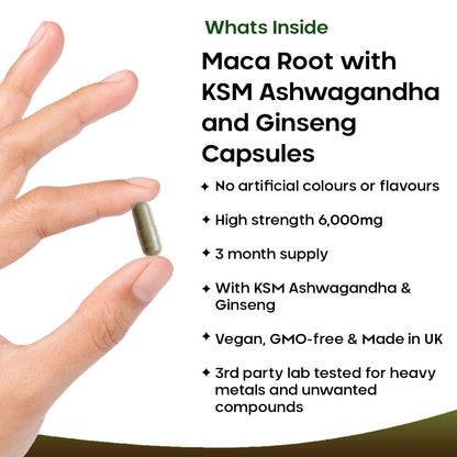 Maca Root Capsules With KSM Ashwagandha, Ginseng & Black Pepper - 180 High Strength 6000mg Capsules