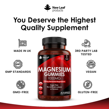 Magnesium Gummies 1000mg - High Strength Sugar Free Vegan Magnesium Citrate Gummies - 60 Fill