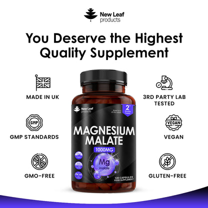 Magnesium Malate Capsules 120 High Strength 1000mg Bones & Sleep Support Vegan Capsules - High Absorption Elemental Magnesium