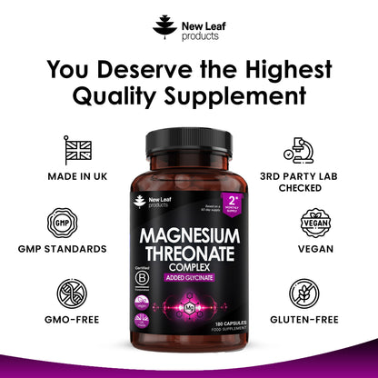 Magnesium Threonate Complex - 180 High Strength 2550mg (Per Serving) Capsules + Magnesium Glycinate