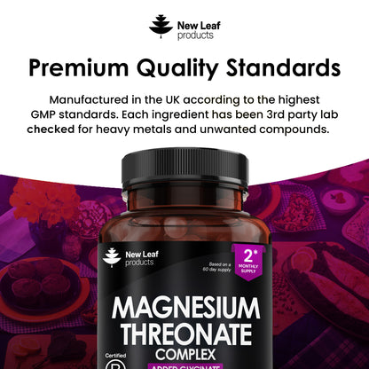 Magnesium Threonate Complex - 180 High Strength 2550mg (Per Serving) Capsules + Magnesium Glycinate