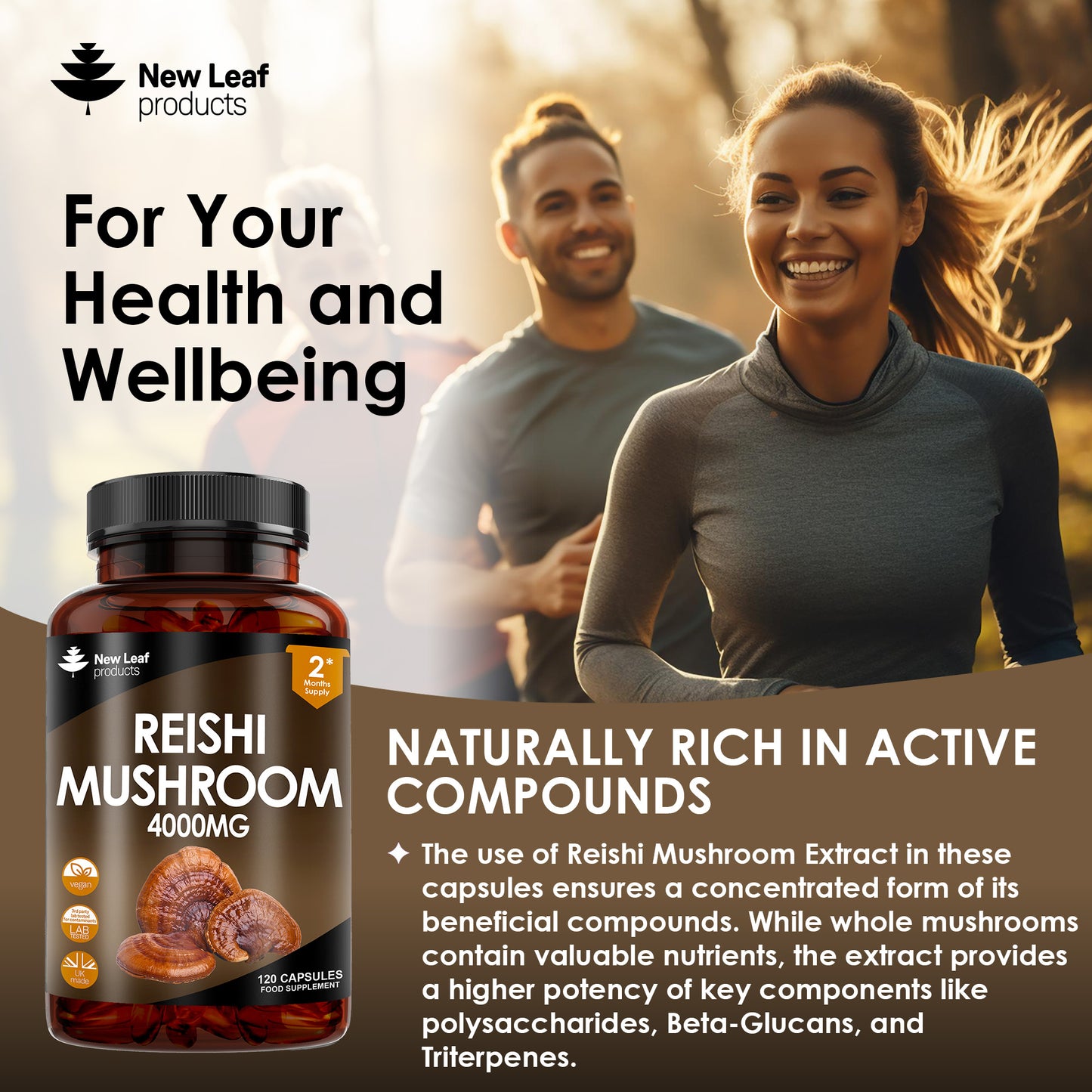 Reishi Mushroom Capsules - Potent 4000mg Mushroom Supplements -  100% Fruiting Body 120 Vegan Capsules