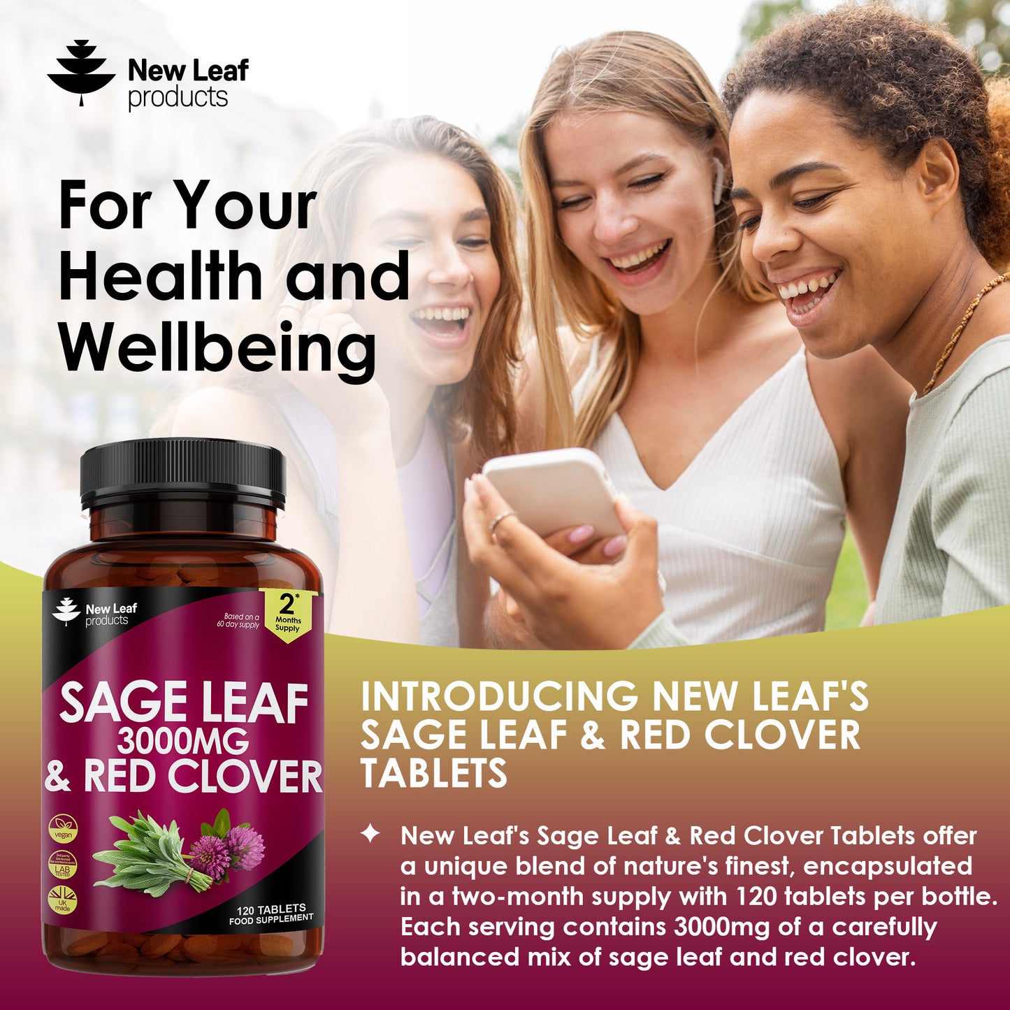 Sage Leaf & Red Clover Tablets For Menopause - 120 High Strength 3000mg Perimenopause Supplements