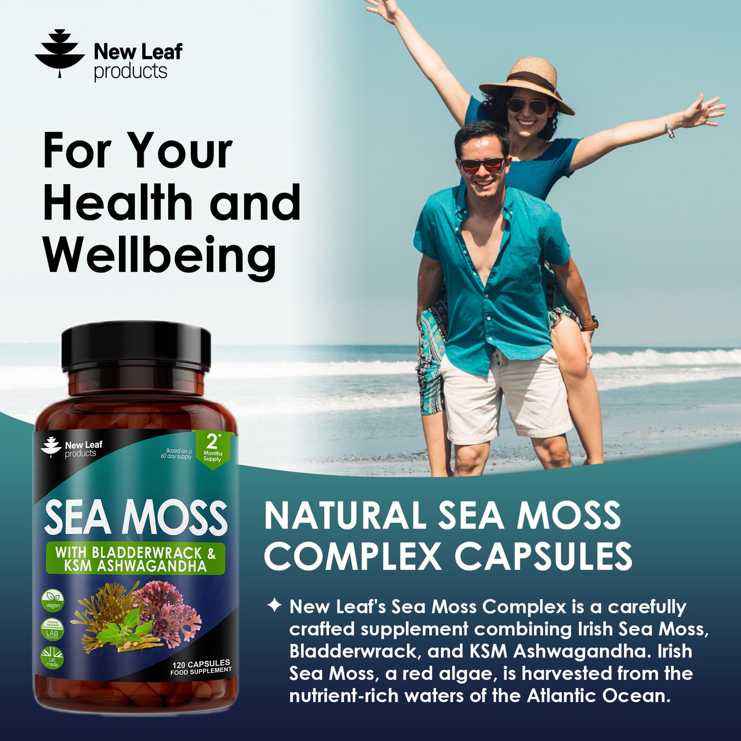 Sea Moss Complex - Irish Sea Moss + Bladderwrack & KSM Ashwagandha 120 Vegan Capsules