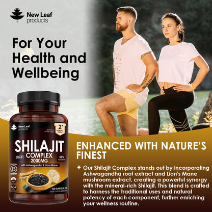 New Leaf products Shilajit Complex supplement bottle with a man and woman in the background.