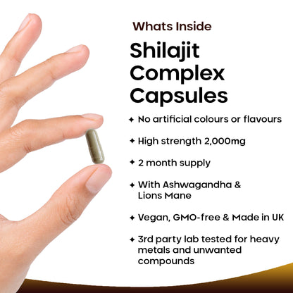 Shilajit Complex + Ashwagandha & Lions Mane - 120 High Strength 2000mg Capsules with 60% Fulvic Acid