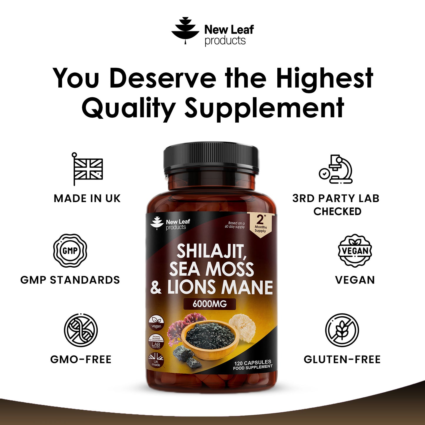 Shilajit, Sea Moss & Lions Mane Capsules - 120 High Strength 6000mg Capsules with 60% Fulvic Acid