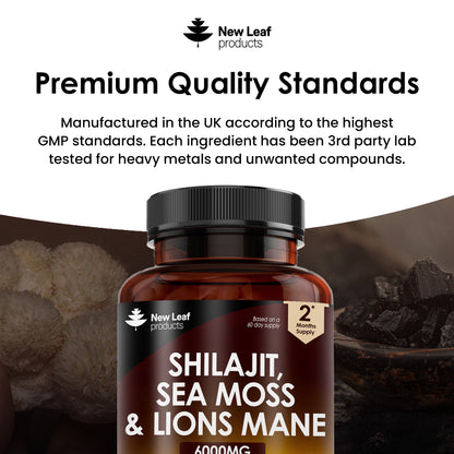 Shilajit, Sea Moss & Lions Mane Capsules - 120 High Strength 6000mg Capsules with 60% Fulvic Acid