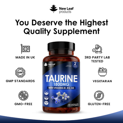 Taurine Supplement - 1800mg Taurine Capsules Enriched with Vitamins B1, B12 & D3 - 120 Capsules