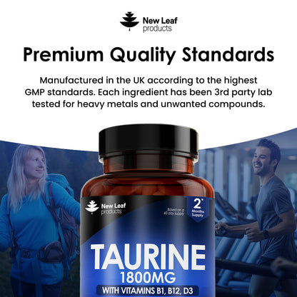 Taurine Supplement - 1800mg Taurine Capsules Enriched with Vitamins B1, B12 & D3 - 120 Capsules