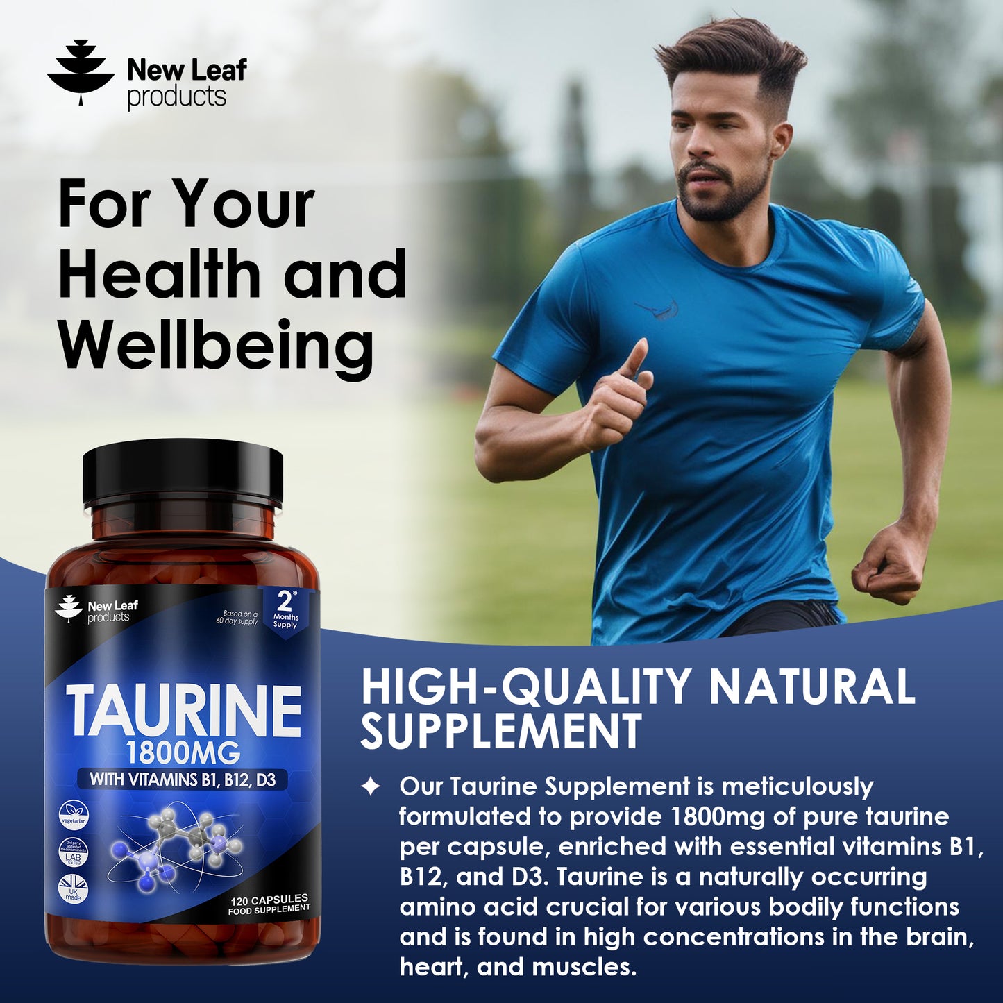 Taurine Supplement - 1800mg Taurine Capsules Enriched with Vitamins B1, B12 & D3 - 120 Capsules