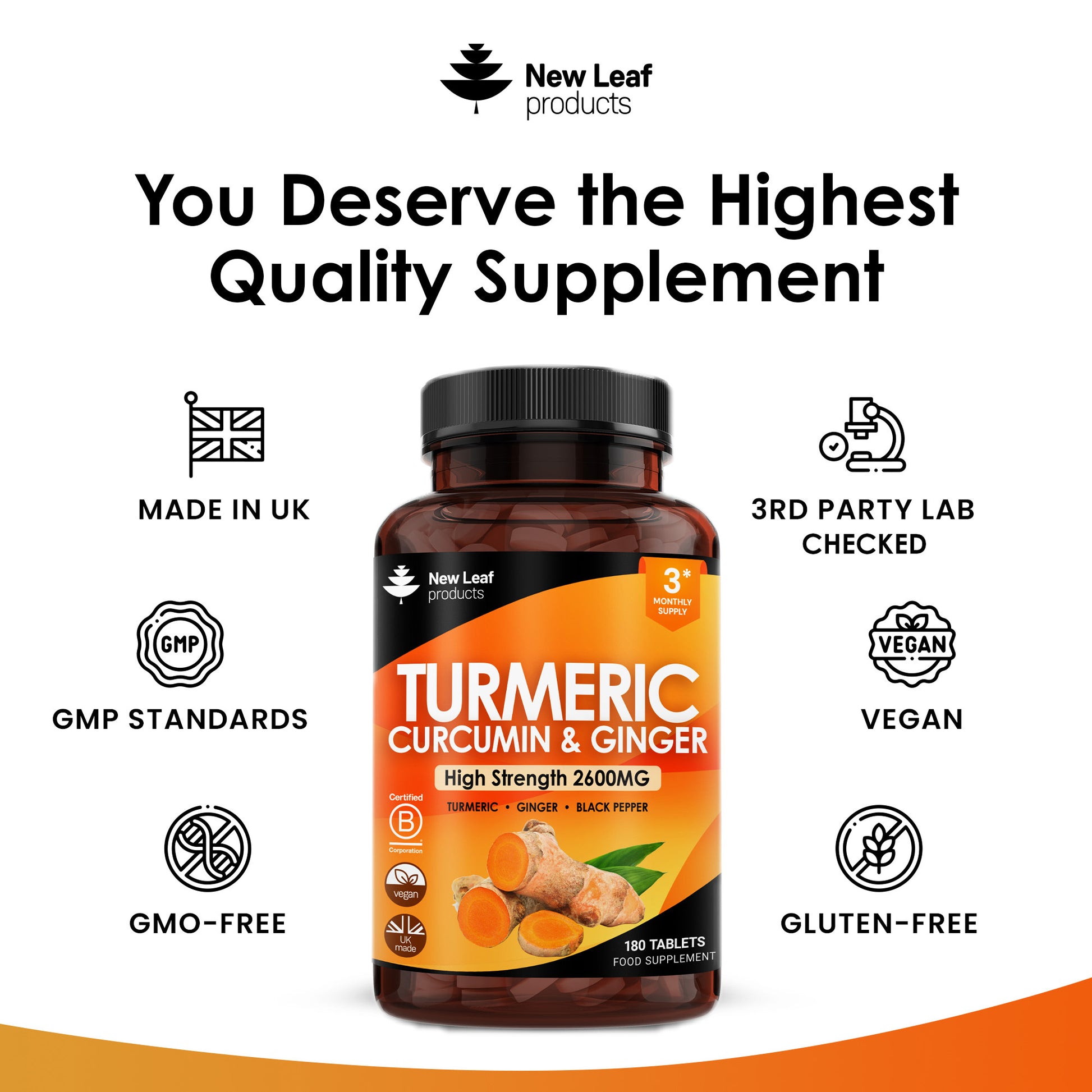 Turmeric Supplements Ginger &amp; Black Pepper Turmeric Tablets 95% Curcumin (3 month supply)