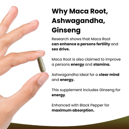 Maca Root, KSM Ashwagandha, Ginseng High Strength Supplement Capsules