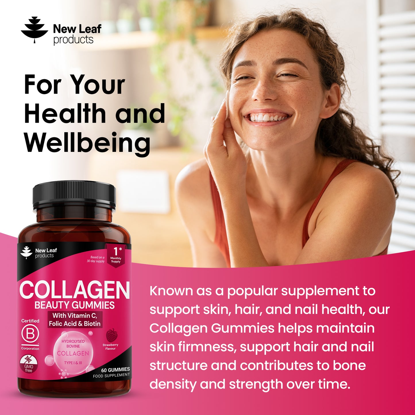 Collagen gummies bottle with a woman smiling in the background, promoting health and wellbeing.