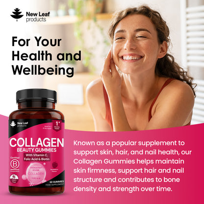 Collagen gummies bottle with a woman smiling in the background, promoting health and wellbeing.