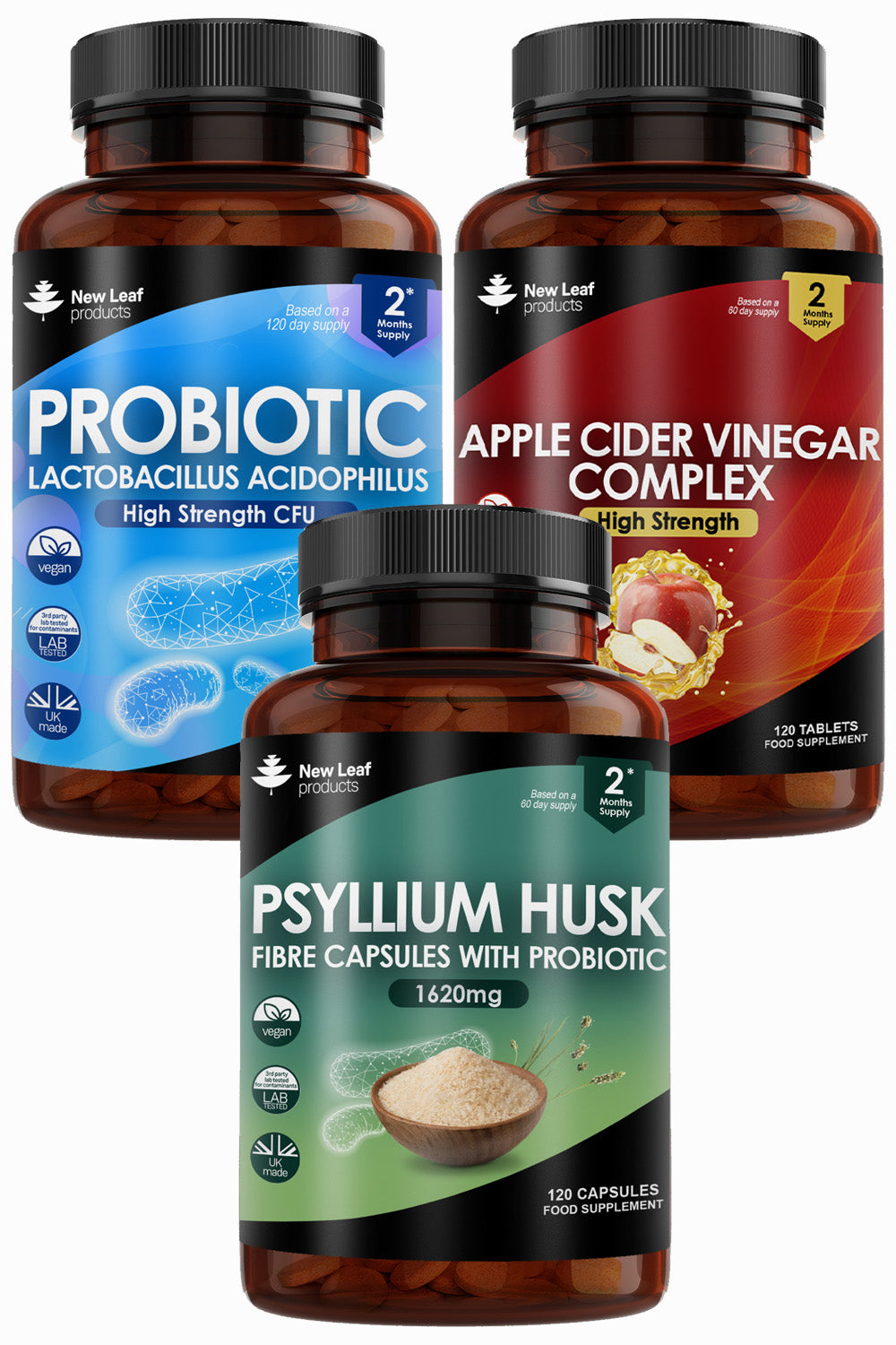 Gut Health Supplements Bundle - Psyllium Husk Fibre, Probiotic, Apple Cider Complex