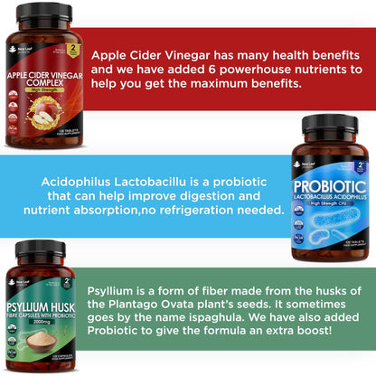 Gut Health Supplements Bundle - Psyllium Husk Fibre, Probiotic, Apple Cider Complex