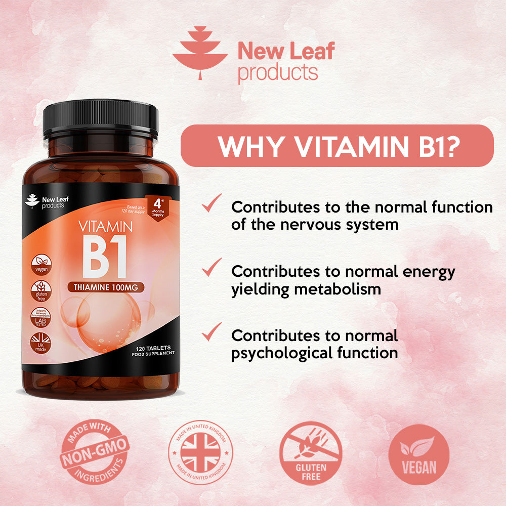 Vitamin B1 Tablets Thiamine Supplement High Strength 100mg - Small Vegan Tablet